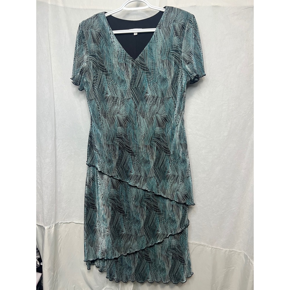 Abstract Palm Print Tiered Asymmetrical Midi Dress Teal Black V-Neck Size 10